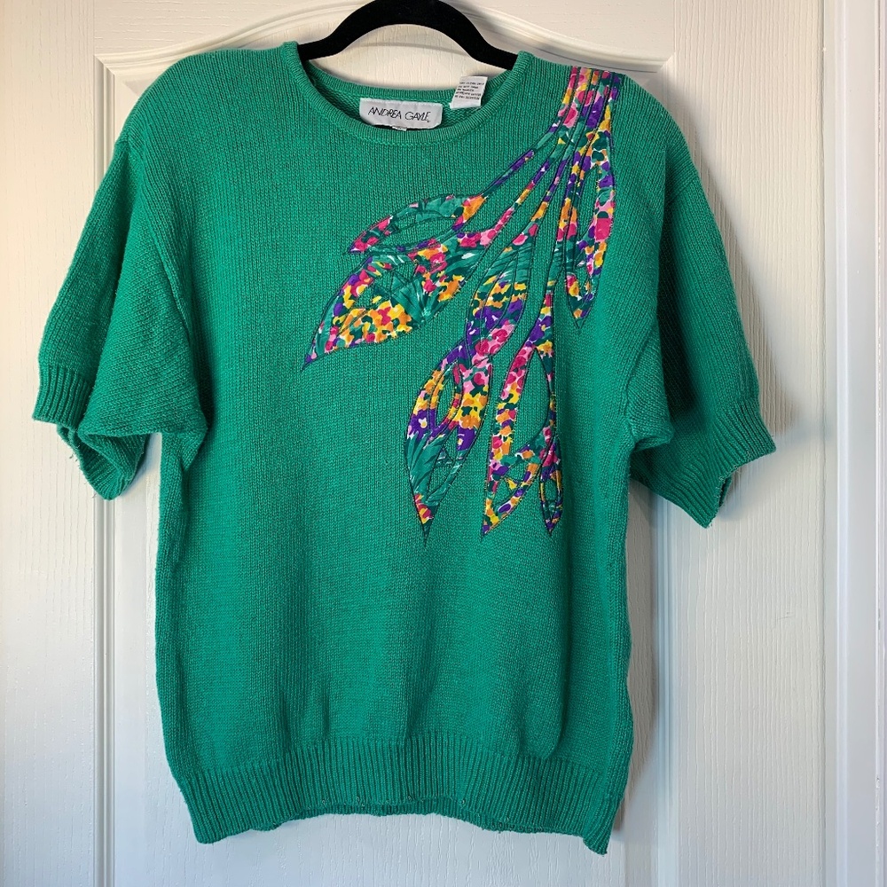 Andrea Gayle Vintage Green Knit Sweater Floral‎ Leaf Appliqué 90s Large Colorful